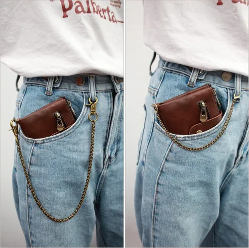 Vista 6 de iSamzan Billeteras de cuero para hombre, con bloqueo RFID, con doble cremallera, bolsillo para monedas con cadena antirrobo, carteras