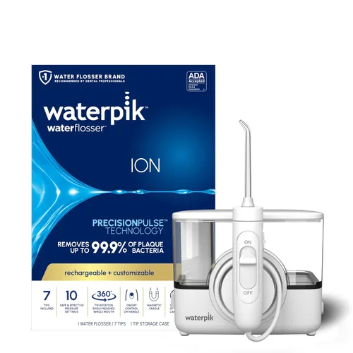 Vista 2 de Waterpik ION - Irrigador de agua portátil inalámbrico profesional con 7 puntas de hilo dental y enjuague oral TheraBreath Fresh Breath formulado por
