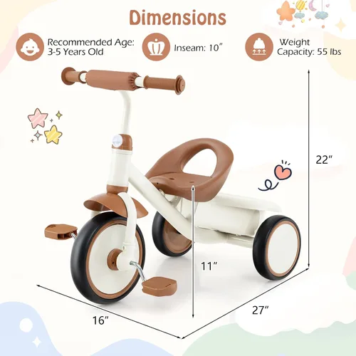 Vista 8 de HONEY JOY Triciclo, triciclo para niños de 3 ruedas con asiento ajustable, cesta de almacenamiento extraíble, triciclo para niños de 3 a 5 años