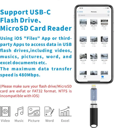 Vista 4 de Meenova Adaptador USB C a Lightning OTG para USB-C DAC, corriente grande de hasta 400mA/5V, compatible con iPhone, iPad, iPod con soporte