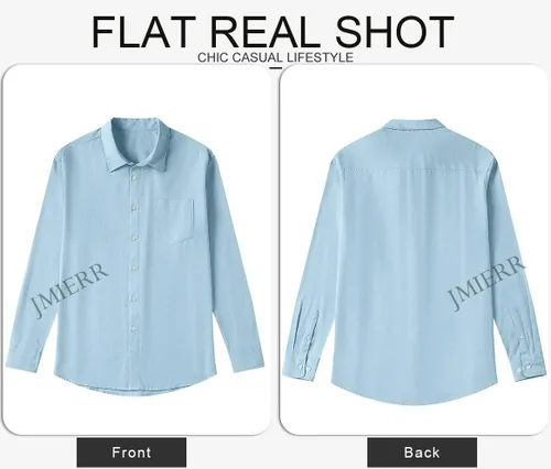 Vista 8 de JMIERR Camisas de algodón para hombre, camisa de vestir a rayas con botones y manga larga
