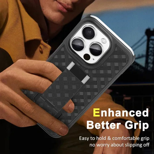 Vista 7 de Fingic Funda para iPhone 15 Pro - Carcasa delgada combinada con soporte, funda giratoria con clip para cinturón - Funda protectora resistente a
