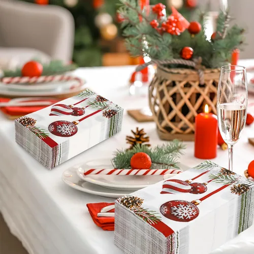Vista 4 de AnyDesign Paquete de 100 servilletas de Navidad para invitados, bola colgante de Navidad, patrón de cono de pino, servilletas de papel desechables