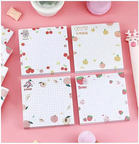 Vista 3 de 4 paquetes de notas adhesivas bonitas Notas adhesivas kawaii para memos, 3.1x3.1 pulgadas, notas adhesivas coloridas con frutas para niñas