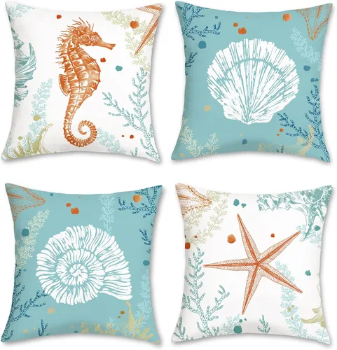 Vista 9 de Bonhause - Juego de 4 fundas de almohada decorativas de playa oceánica, almohadas costeras al aire libre de caballito de mar, tortuga, estrella