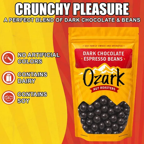 Vista 3 de OZARK NUT ROASTERS, Granos de café expreso de chocolate oscuro, aperitivos con sabor a café, granos de café de chocolate negro gourmet de clase