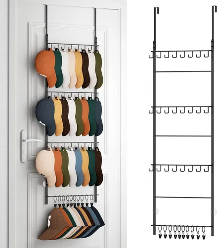 Vista 9 de HapiRm Perchero para Puerta - Organizador de Sombreros de 3 Niveles Montado en la Pared con 16 Ganchos y 10 Clips Móviles, Organizador de Sombreros