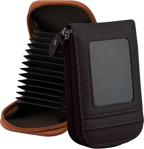 Vista 30 de RFID mini organizador de tarjetas de crédito, cuero auténtico, billetera compacta con visor de identificación, S, Negro