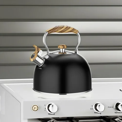 Vista 5 de Hervidor de té silbante de 2.6 cuartos de galón para estufa, de acero inoxidable de grado alimenticio con mango de madera con patrón fresco Negro