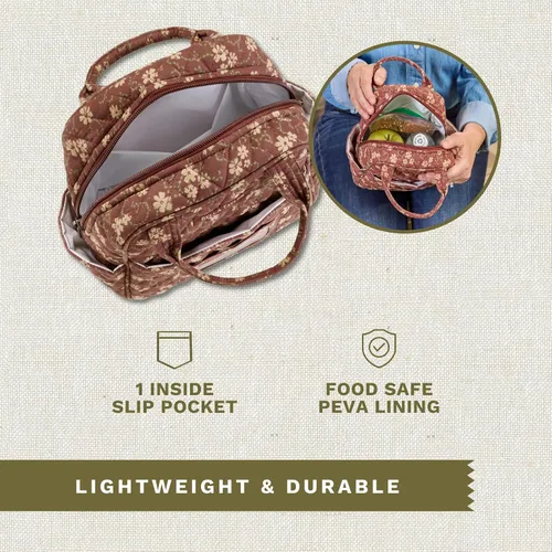 Vista 4 de Bella Taylor Bolsa de almuerzo acolchada de algodón para mujer, apta para alimentos, con forro de PEVA fácil de limpiar, diseño floral burdeos