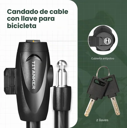 Vista 5 de Titanker Candado de bicicleta, cable de candado de bicicleta enrollado de 1/2 pulgada de grosor, candado seguro para bicicleta con llaves, candado