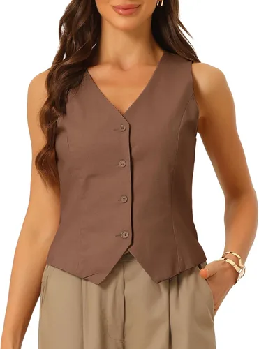 Vista 19 de Allegra K Chaleco para mujer, de verano, algodón, lino, sin mangas, con botones, cuello en V, totalmente forrado, chalecos recortados Negro