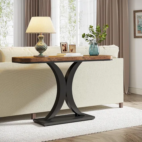 Vista 6 de Tribesigns Mesa consola industrial, mesa de entrada estrecha de 40 pulgadas con base geométrica, mesa decorativa rústica para sala de estar, entrada