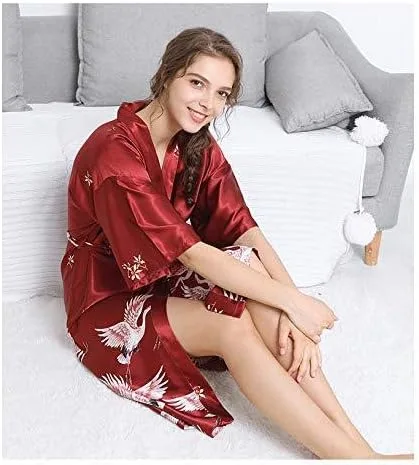 Vista 5 de Miureal Bata tipo kimono para mujer, de satén de seda, suave, ligera, con estampado para dama de honor, spa, casa, WineRed