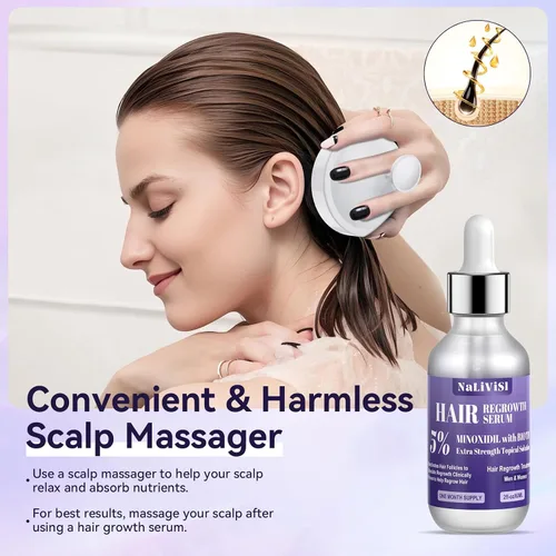 Vista 4 de Paquete de 2 aceites de minoxidil al 5% para hombres y mujeres, suero de crecimiento del cabello con masajeador del cuero cabelludo, espuma