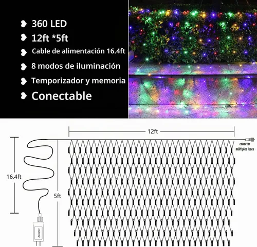 Vista 4 de LYHOPE - Luces de red de Navidad de 12 x 5 pies, 360 luces LED, 8 modos, luces de malla de alambre verde de bajo voltaje para decoraciones de Varios