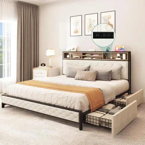 Vista 9 de YITAHOME Base de cama de plataforma tamaño Queen con cabecera de 45.2 pulgadas de alto, cabecera de almacenamiento tapizada con estación de carga