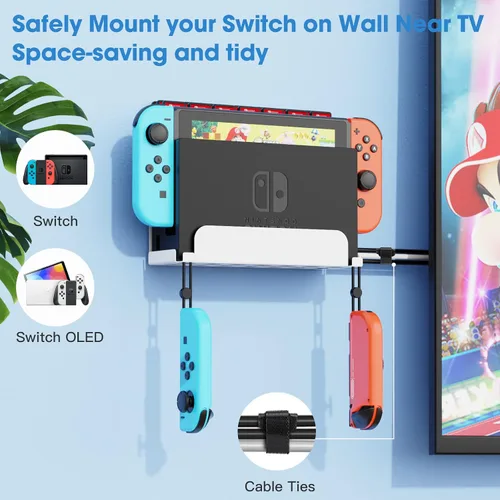 Vista 2 de KUNSLCUK Wall Mount for Switch and Switch OLED, Metal Wall Mount Stand Accessories with 28 Game Cards Holder and 2 Joy-Con Hooks, Safely Mount your