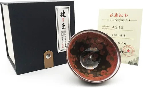 Vista 14 de Taza de té Jianzhan de porcelana negra Wujin Tenmoku Taza hecha a mano China Gongfu Cha Taza Patrón de dragón dorado