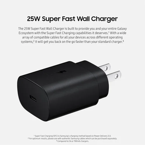 Vista 2 de Cargador de pared de carga súper rápida Samsung 25W USB-C (el cable USB-C NO está incluido), negro (versión de Estados Unidos con garantía).