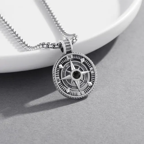 Vista 2 de Collar con colgante de brújula de plata de ley 925 para hombre, regalo inspirador de graduación para mujeres y hombres.