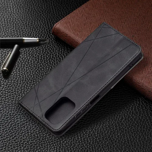 Vista 7 de Funda con tapa para Xiaomi Redmi Note 10 4G/Note 10S, patrón de rombos de cuero de primera calidad, función atril, cierre magnético, color negro