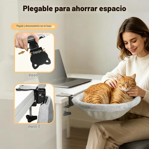 Vista 2 de Cat Desk Bed, One-Click Foldable Cat Bed for Desk Hammock Up to 40 Lbs Gray