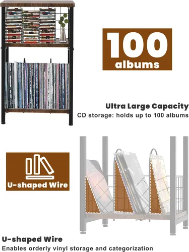 Vista 4 de Soporte para tocadiscos de vinilo, mesa auxiliar de 3 niveles con doble capa, color negro Turntable Record Stand Storage Up to 100 Albums