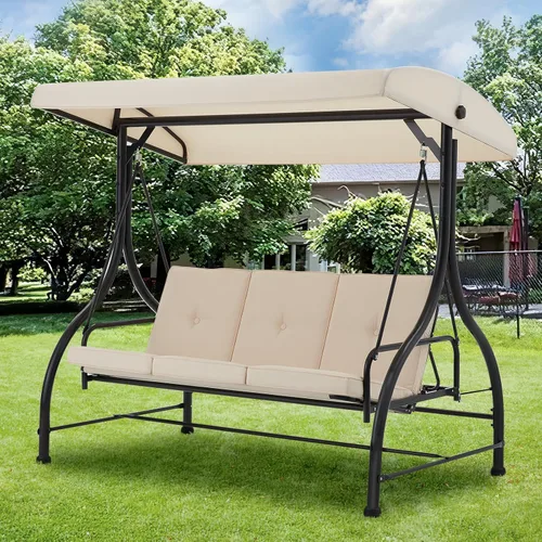 Vista 6 de AECOJOY Columpio de patio al aire libre de 3 asientos con toldo, hamaca de porche convertible, respaldo ajustable, cojines extraíbles y soporte