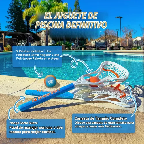 Vista 4 de Mini Toss Lacrosse Set – The Ultimate Game for the Pool or Beach & Backyard - Comes with Water Skipping Ball, Rubber Ball & 2 Sticks with Premium