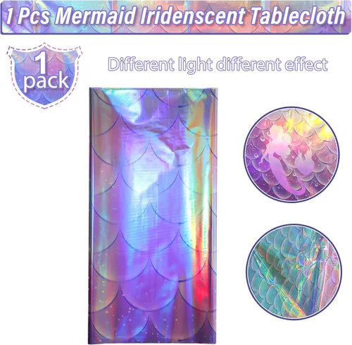 Vista 2 de 1 mantel de plástico iridiscente de sirena, manteles desechables con láser de sirenas, funda de mesa desechable para niñas, cumpleaños, bodas