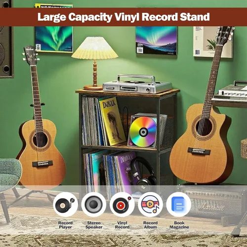 Vista 4 de Soporte para tocadiscos, soporte para discos de vinilo de 3 niveles, soporte giratorio con 2 separadores y 4 pies ajustables, mesa para tocadiscos