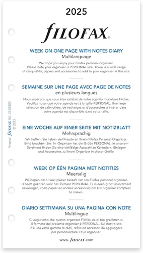 Vista 2 de Filofax Calendario de recambio de diario, tamaño personal/compacto, semana en una página con notas, libro blanco, multilingüe: cinco idiomas, 2025
