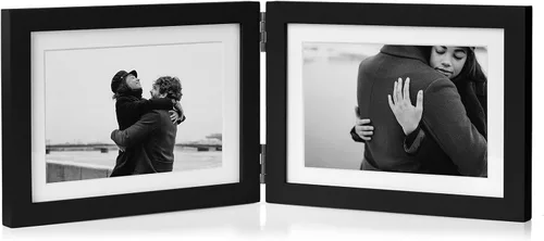 Vista 26 de Marco de fotos doble de 4 x 6 pulgadas con bisagras horizontales, marco de fotos plegable en madera de pino negro con vidrio real para mesa