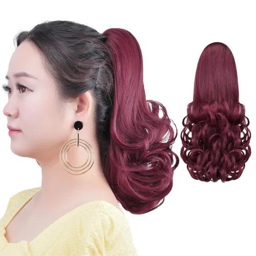 Vista 35 de Cola de caballo con clip, color castaño rojizo, ondulado de 10 pulgadas, extensión de cola de caballo de 3.3 onzas, extensiones de cabello sintético