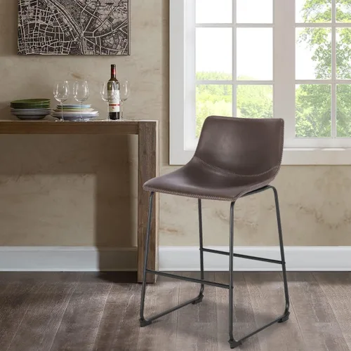 Vista 2 de POLY & BARK Brinley - Juego de 3 taburetes modernos sin brazos con respaldo suavemente curvado y patas de madera, color marrón, asiento de piel