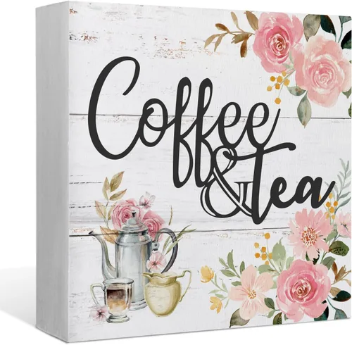 Vista 6 de Letrero de madera con texto en inglés «The Coffee and Tea Bar Love is Brewing», decoración de escritorio de madera rústica para el hogar, cocina
