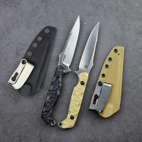 Vista 9 de LR-869 EDC - Cuchillas tácticas fijas de combate, espiga completa 14C28N de acero Reverse Serrations G10/mango de lino, funda Kydex para camping