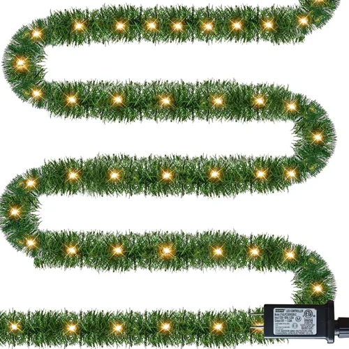 Vista 8 de Guirnalda de Navidad preiluminada de 15 m de Dazzle Bright, guirnalda artificial de pino con 150 luces LED, para decoración de Navidad