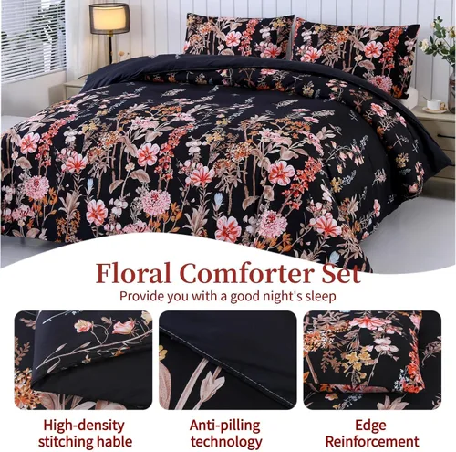 Vista 3 de MAG Juego de edredón floral de 3 piezas, tamaño individual, juego de ropa de cama de microfibra con estampado de flores negras, para todas