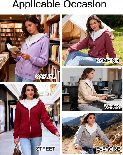 Vista 8 de Flygo Sudadera con capucha para mujer, con cremallera, forro polar, tipo sherpa, abrigada, chaqueta de invierno Gris ceniza