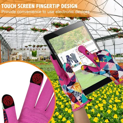 Vista 5 de Guantes de jardinería de cuero para mujer, guantes de jardín a prueba de espinas, diseño de pantalla táctil, guantes de trabajo resistentes