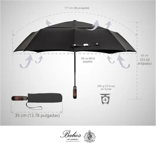 Vista 4 de Balios Paraguas Plegable de Viaje con Mango de Madera Real Apertura y Cierre Automático Toldo Ventilado Resistente al Viento - Diseñado en Reino