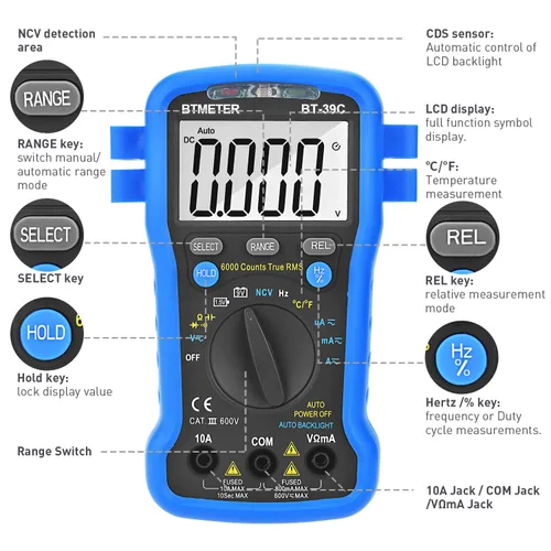 Vista 6 de BTMETER BT-39C Multímetro RMS verdadero, avómetro digital de rango automático, 6000 cuentas, medidas precisas, amperios AC/DC, voltios, ohmios