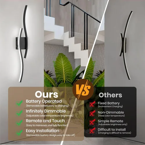 Vista 3 de Apliques de pared a pilas, apliques de pared recargables, luz LED inalámbrica de 3000 K-6500 K, lámpara de pared moderna no cableada para sala