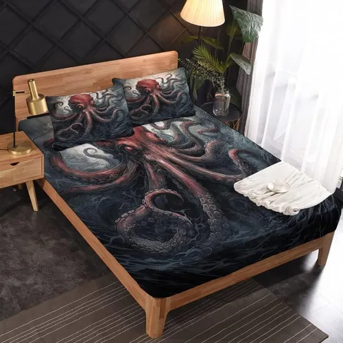 Vista 2 de Octopus Sheets - Juego de sábanas de tamaño individual, sábanas de microfibra suave, bolsillo profundo, sábanas y fundas de almohada estampadas sin