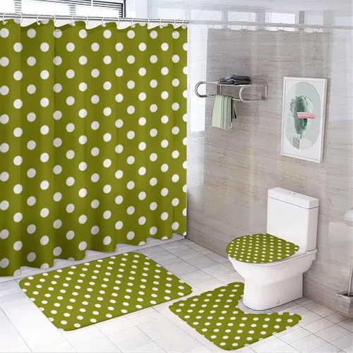 Vista 61 de Juego de 3 alfombras de baño con diseño de lunares, color azul aguamarina, antideslizante, con contorno en forma de U y tapa de inodoro