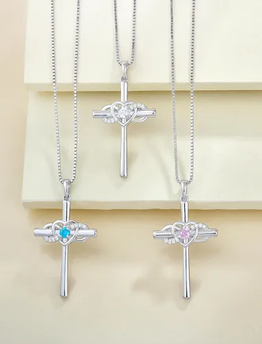Vista 4 de YL Collar de cruz de plata de ley con colgante de crucifijo de corazón infinito para mujer