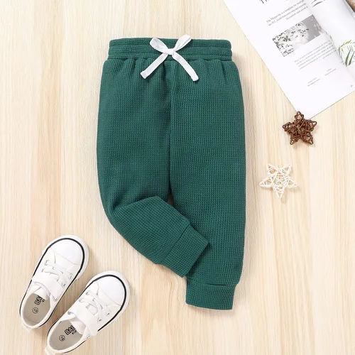 Vista 4 de Conjunto de mameluco de manga larga con botones para recién nacido, niño y niña, conjunto unisex de gofres, Verde oscuro