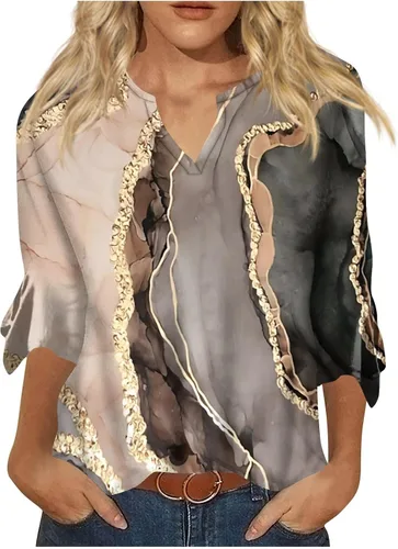 Vista 5 de Camisetas de otoño para mujer, blusas sueltas casuales con cuello en V estampadas, blusas de manga 34